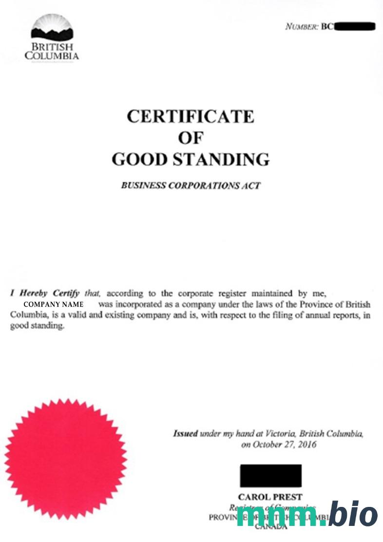 Columbia vcertyfikat of Good Standing